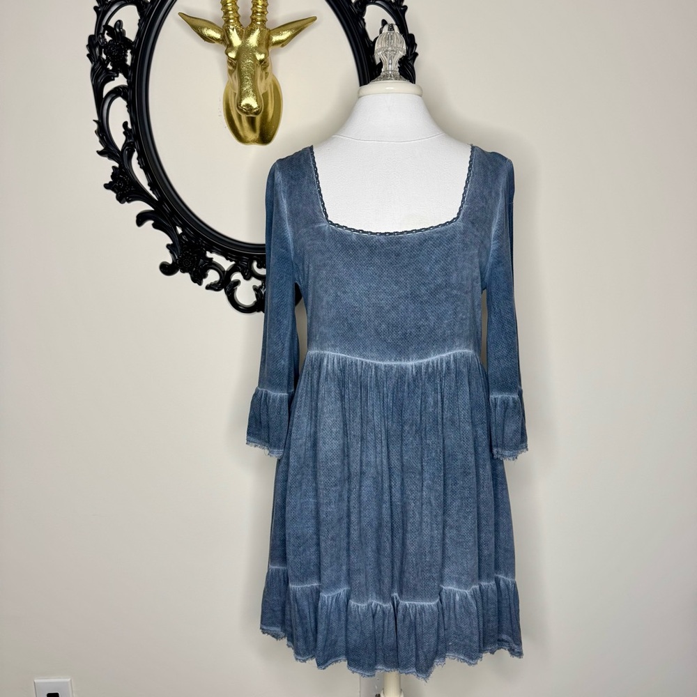 Black Swan Blue Peasant Style Dress with 3/4 Length Sleeves